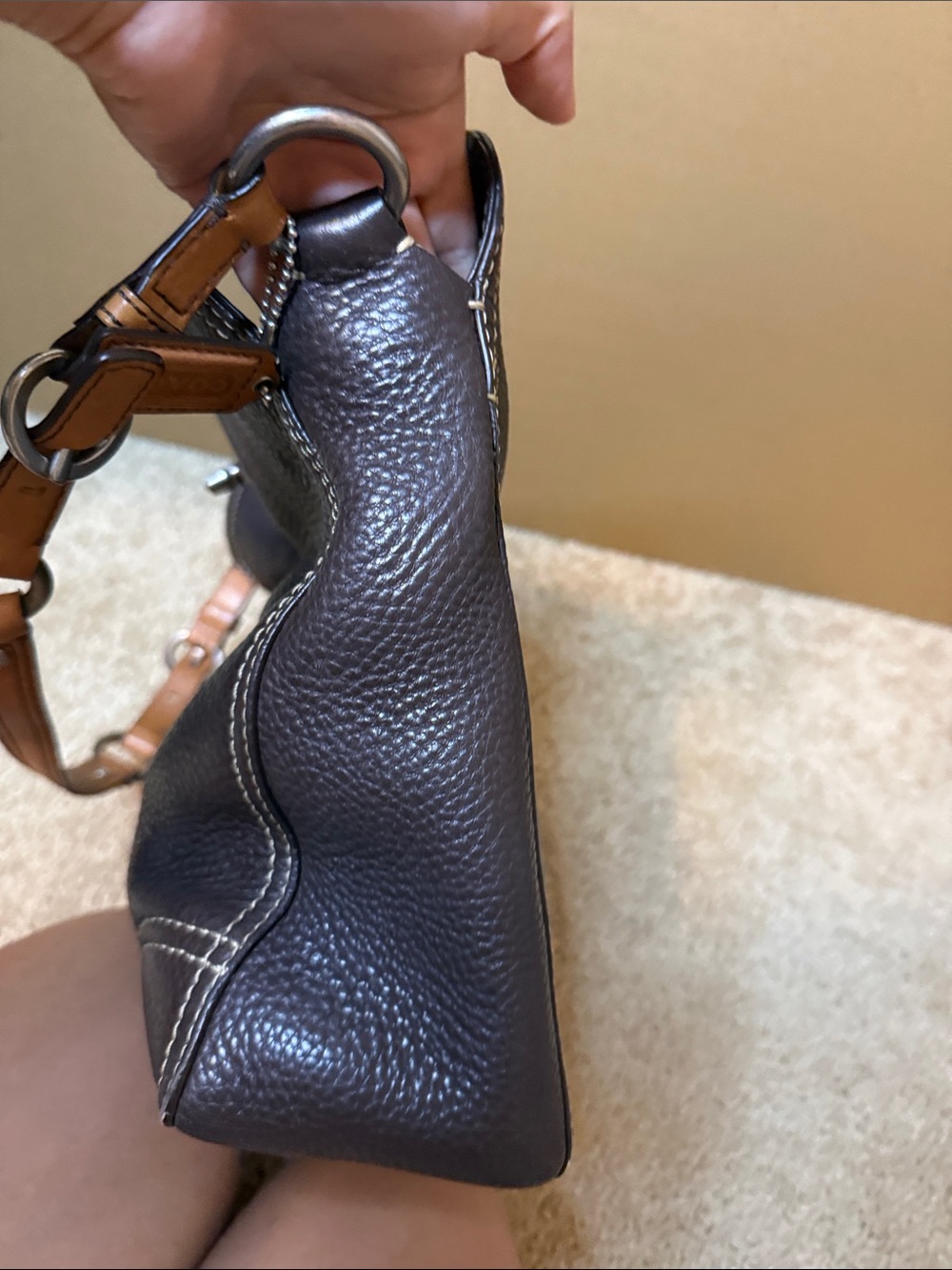Coach Brown Pebbled Chelsea Leather Shoulder Bag with Contrast Stitching - Picture 10 of 11